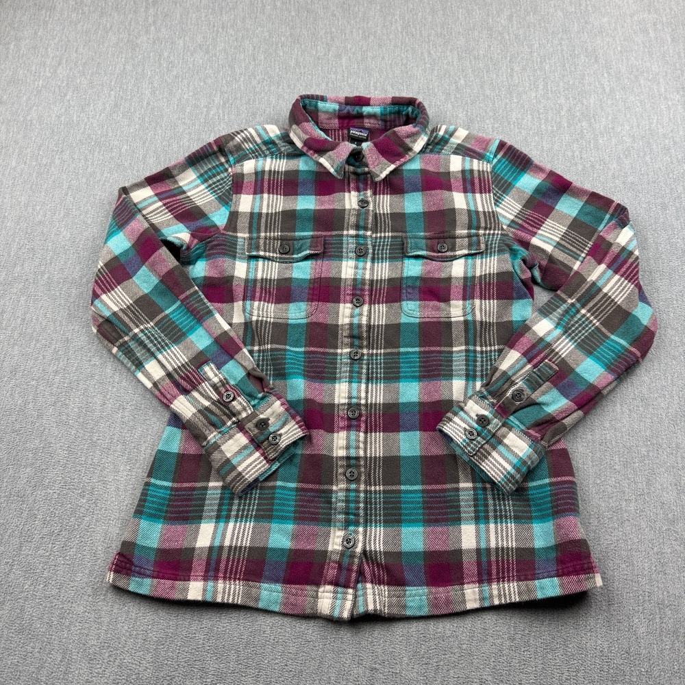 Patagonia Shirt Womens 4 Blue Plaid Long Sleeved Fjord Flannel Button Up 53915